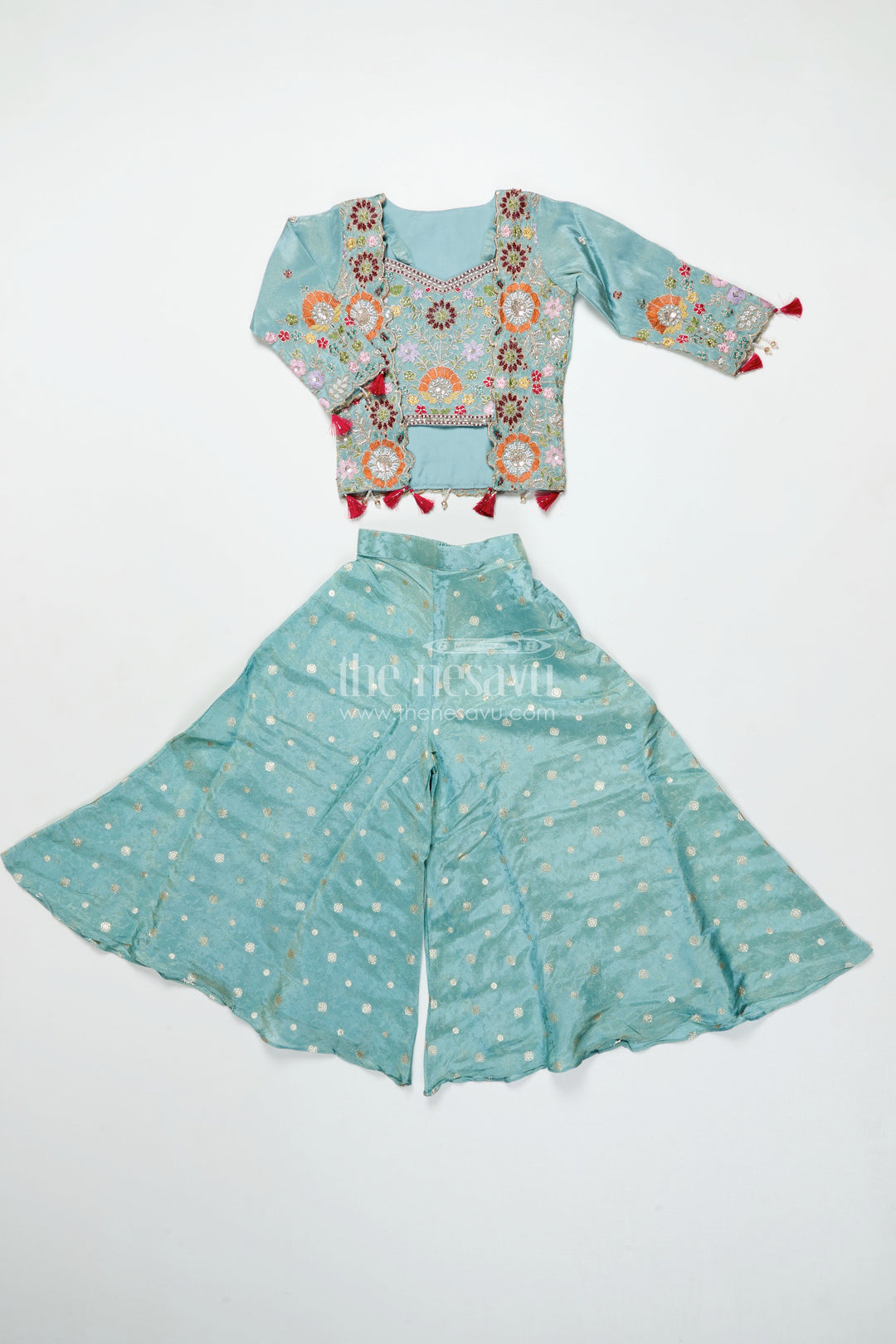 The Nesavu Girls Sharara / Plazo Set Girls Plazo Set with Embroidered Jacket for Festive Occasions Nesavu Nesavu girls plazo set embroidered jacket tissue silk weddings festivals