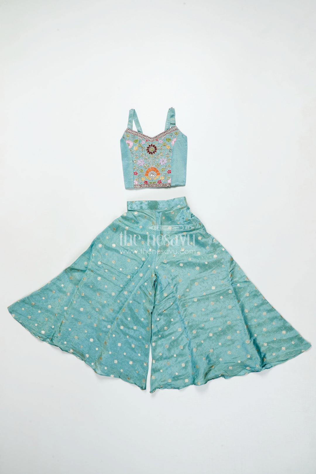 The Nesavu Girls Sharara / Plazo Set Girls Plazo Set with Embroidered Jacket for Festive Occasions Nesavu Nesavu girls plazo set embroidered jacket tissue silk weddings festivals