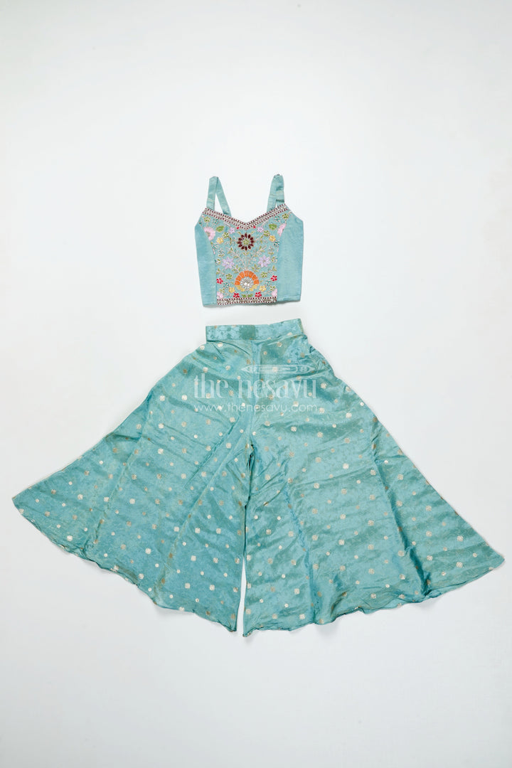 The Nesavu Girls Sharara / Plazo Set Girls Plazo Set with Embroidered Jacket for Festive Occasions Nesavu Nesavu girls plazo set embroidered jacket tissue silk weddings festivals