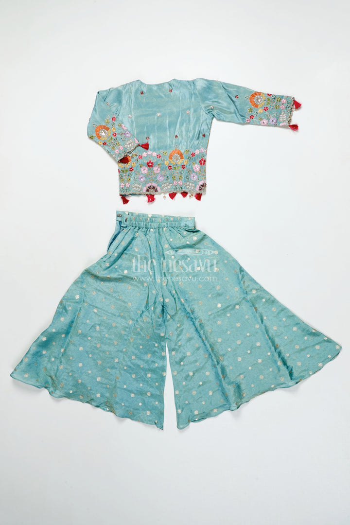 The Nesavu Girls Sharara / Plazo Set Girls Plazo Set with Embroidered Jacket for Festive Occasions Nesavu Nesavu girls plazo set embroidered jacket tissue silk weddings festivals