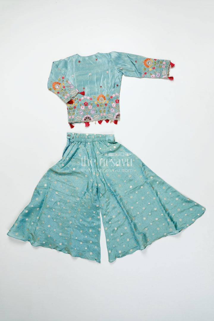 The Nesavu Girls Sharara / Plazo Set Girls Plazo Set with Embroidered Jacket for Festive Occasions Nesavu Nesavu girls plazo set embroidered jacket tissue silk weddings festivals