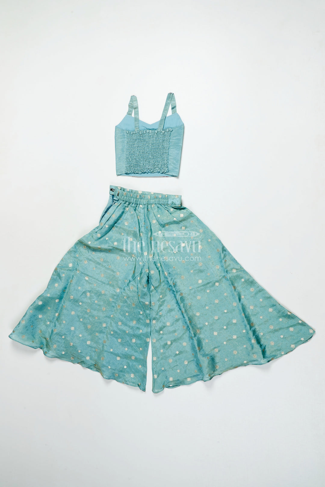 The Nesavu Girls Sharara / Plazo Set Girls Plazo Set with Embroidered Jacket for Festive Occasions Nesavu Nesavu girls plazo set embroidered jacket tissue silk weddings festivals