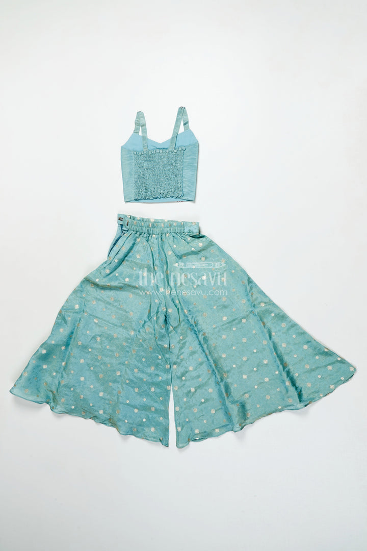 The Nesavu Girls Sharara / Plazo Set Girls Plazo Set with Embroidered Jacket for Festive Occasions Nesavu Nesavu girls plazo set embroidered jacket tissue silk weddings festivals