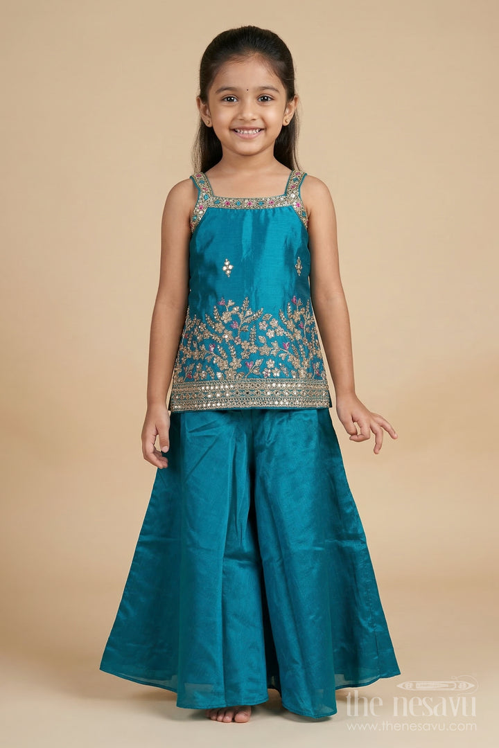 The Nesavu Girls Sharara / Plazo Set Girls Plazo Set with Mirror Embroidery for Weddings and Cultural Functions Nesavu 18 (2Y) / Blue / Georgette GPS959A-18 Nesavu girls plazo set with mirror embroidery and dupatta – ideal for weddings, cultural events, and festive celebrations