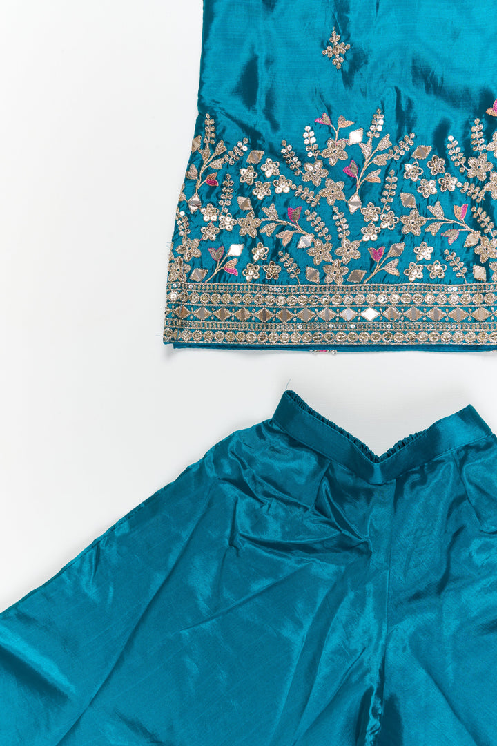 The Nesavu Girls Sharara / Plazo Set Girls Plazo Set with Mirror Embroidery for Weddings and Cultural Functions Nesavu Nesavu girls plazo set with mirror embroidery and dupatta – ideal for weddings, cultural events, and festive celebrations