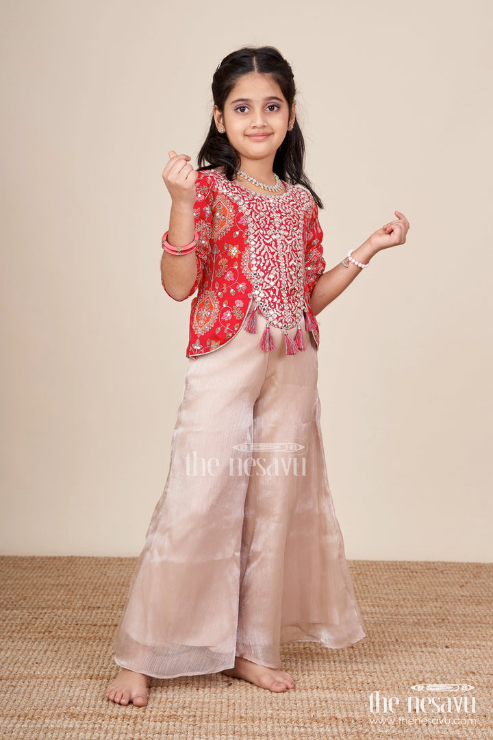 The Nesavu Girls Sharara / Plazo Set Girls Plazo Set with Mirror Embroidery Jacket for Festive Celebrations Nesavu 24 (5Y) / Pink GPS654A-24 Nesavu plazo set embroidered jacket  festive outfit girls