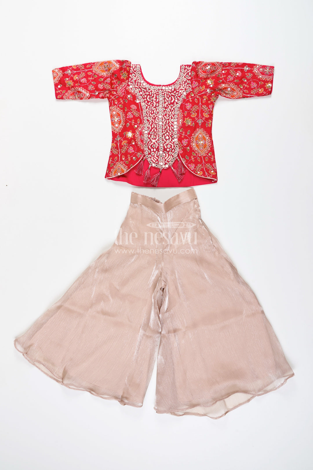 The Nesavu Girls Sharara / Plazo Set Girls plazo set with mirror embroidery jacket for festive celebrations Nesavu Nesavu plazo set embroidered jacket  festive outfit girls