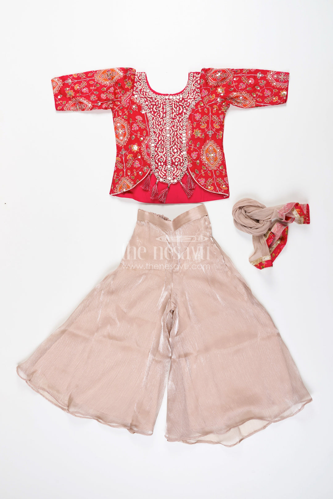 The Nesavu Girls Sharara / Plazo Set Girls plazo set with mirror embroidery jacket for festive celebrations Nesavu Nesavu plazo set embroidered jacket  festive outfit girls