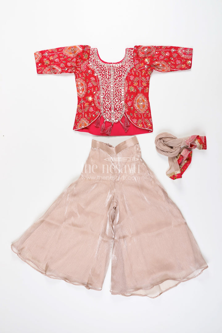 The Nesavu Girls Sharara / Plazo Set Girls plazo set with mirror embroidery jacket for festive celebrations Nesavu Nesavu plazo set embroidered jacket  festive outfit girls