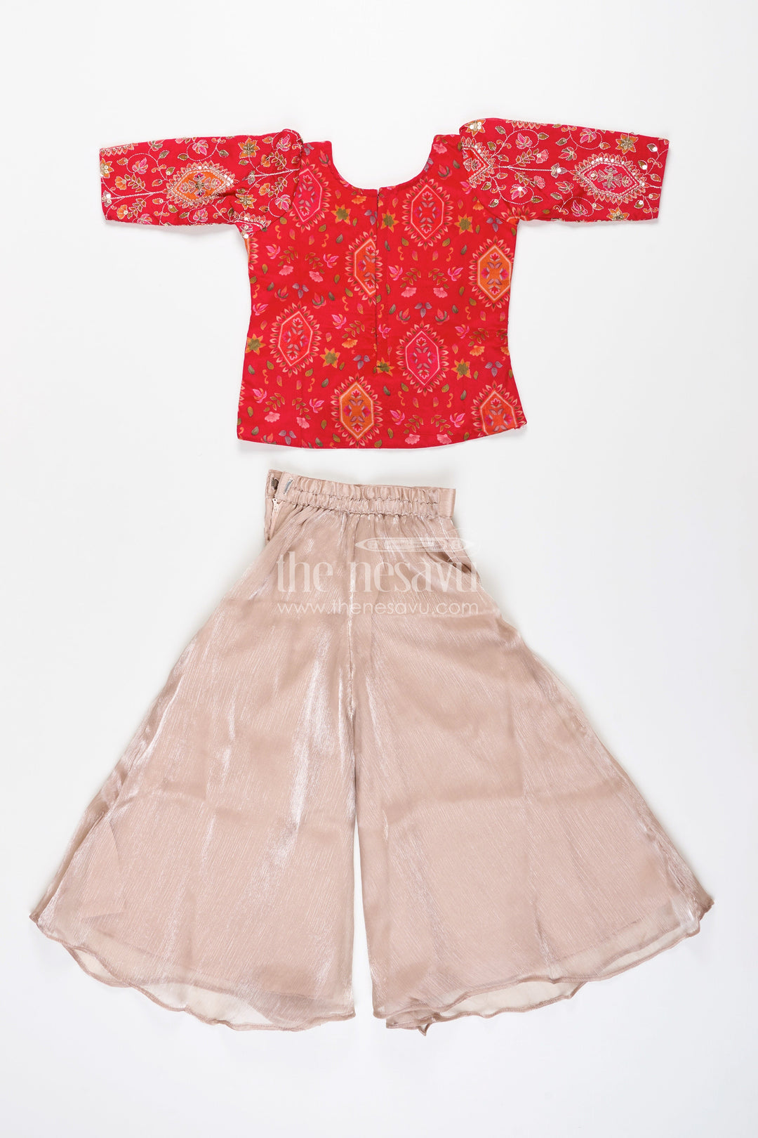 The Nesavu Girls Sharara / Plazo Set Girls plazo set with mirror embroidery jacket for festive celebrations Nesavu Nesavu plazo set embroidered jacket  festive outfit girls