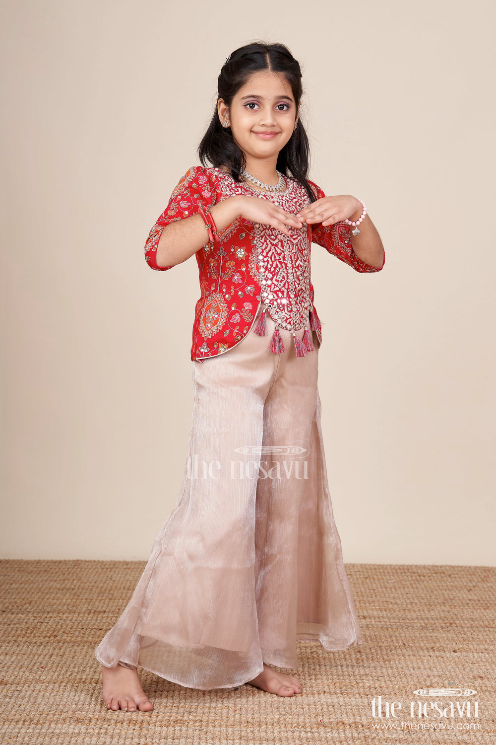 The Nesavu Girls Sharara / Plazo Set Girls Plazo Set with Mirror Embroidery Jacket for Festive Celebrations Nesavu Nesavu plazo set embroidered jacket  festive outfit girls
