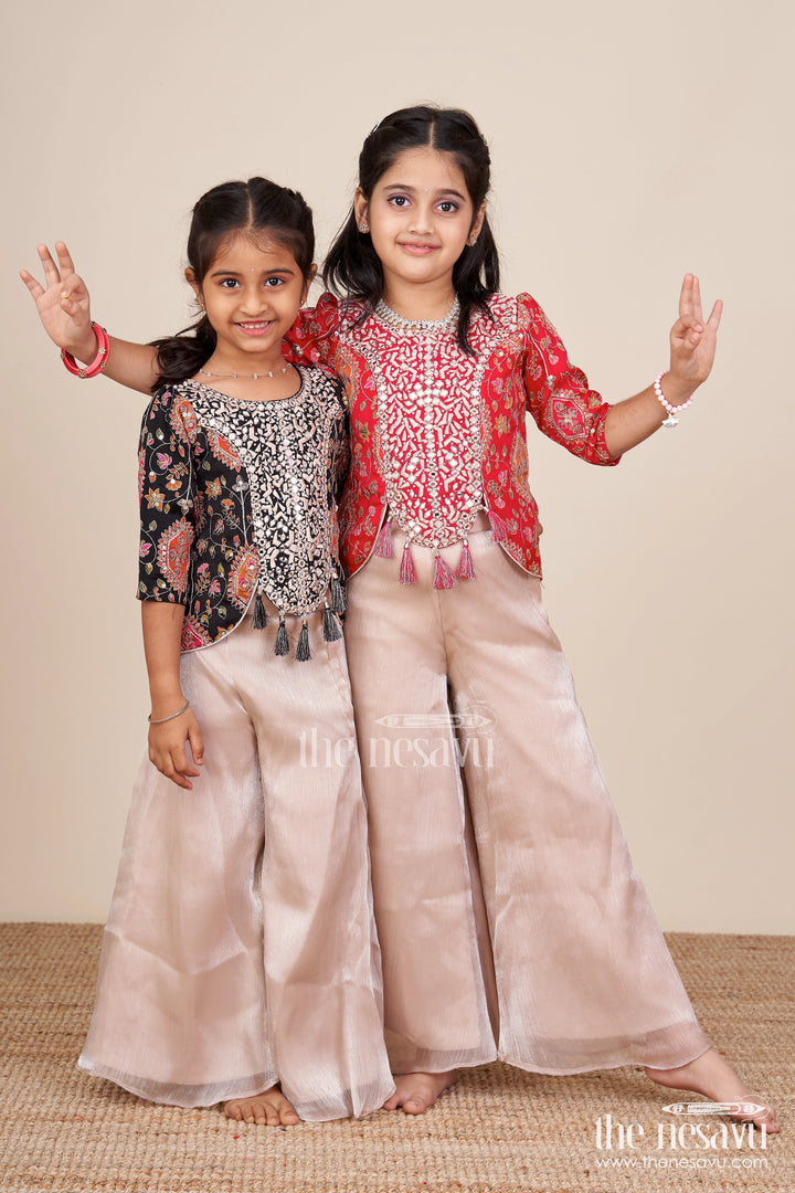 The Nesavu Girls Sharara / Plazo Set Girls Plazo Set with Mirror Embroidery Jacket for Festive Celebrations Nesavu Nesavu plazo set embroidered jacket  festive outfit girls