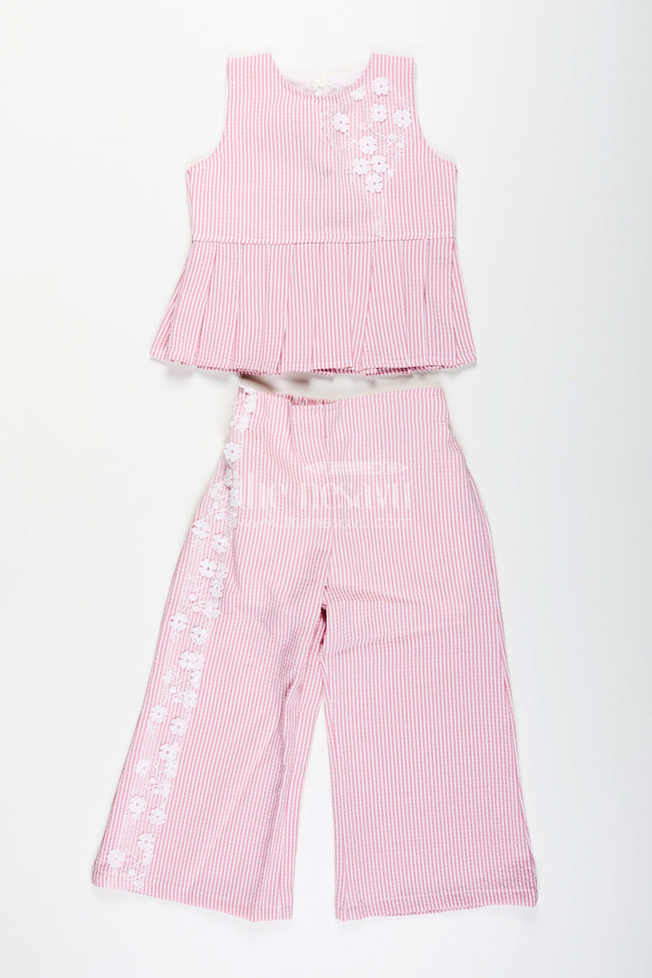The Nesavu Girls Co-Ord Sets Girls Plazo Set with Peplum Top and Floral Applique Nesavu Nesavu girls striped plazo set peplum top floral detailing