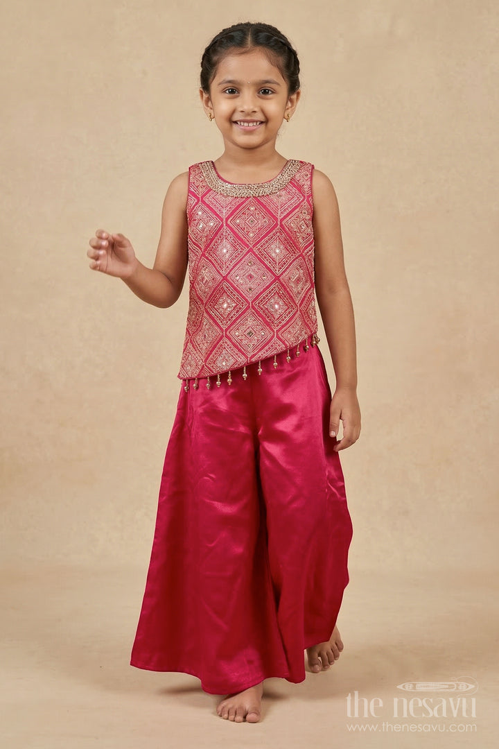 The Nesavu Girls Sharara / Plazo Set Girls Plazo Set with Sequin Embroidery for Festive Gatherings Nesavu 18 (2Y) / Pink / Georgette GPS954A-18 Nesavu girls plazo set with sequin embroidered yoke and tassels – perfect for festive events and family gatherings