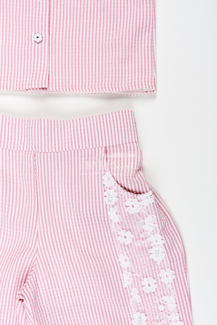 The Nesavu Girls Co-Ord Sets Girls Plazo Set with Striped Design and Puff Sleeve Top Nesavu Nesavu girls striped plazo set embroidered collar puff sleeves