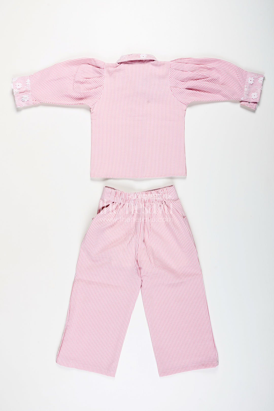 The Nesavu Girls Co-Ord Sets Girls Plazo Set with Striped Design and Puff Sleeve Top Nesavu Nesavu girls striped plazo set embroidered collar puff sleeves
