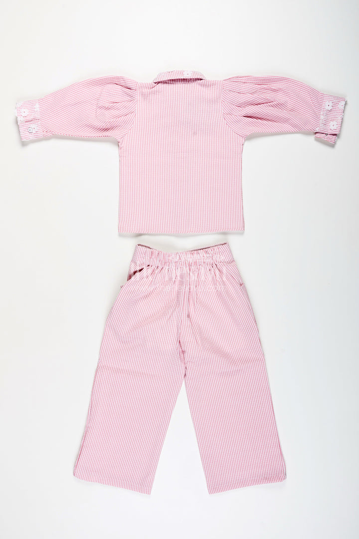 The Nesavu Girls Co-Ord Sets Girls Plazo Set with Striped Design and Puff Sleeve Top Nesavu Nesavu girls striped plazo set embroidered collar puff sleeves