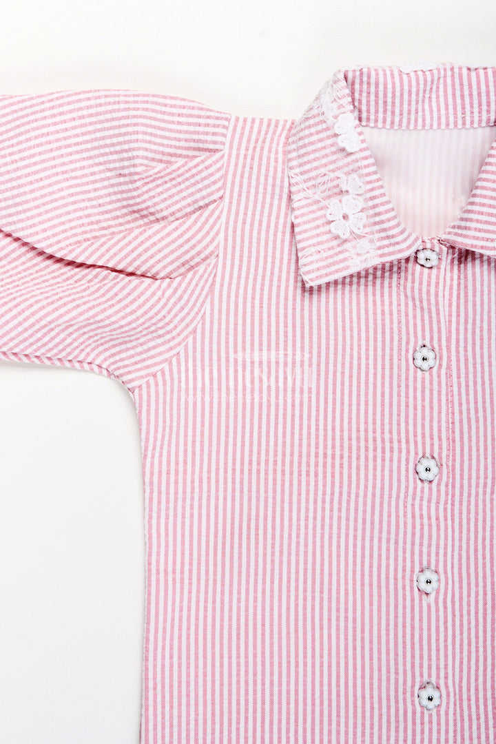 The Nesavu Girls Co-Ord Sets Girls Plazo Set with Striped Design and Puff Sleeve Top Nesavu Nesavu girls striped plazo set embroidered collar puff sleeves