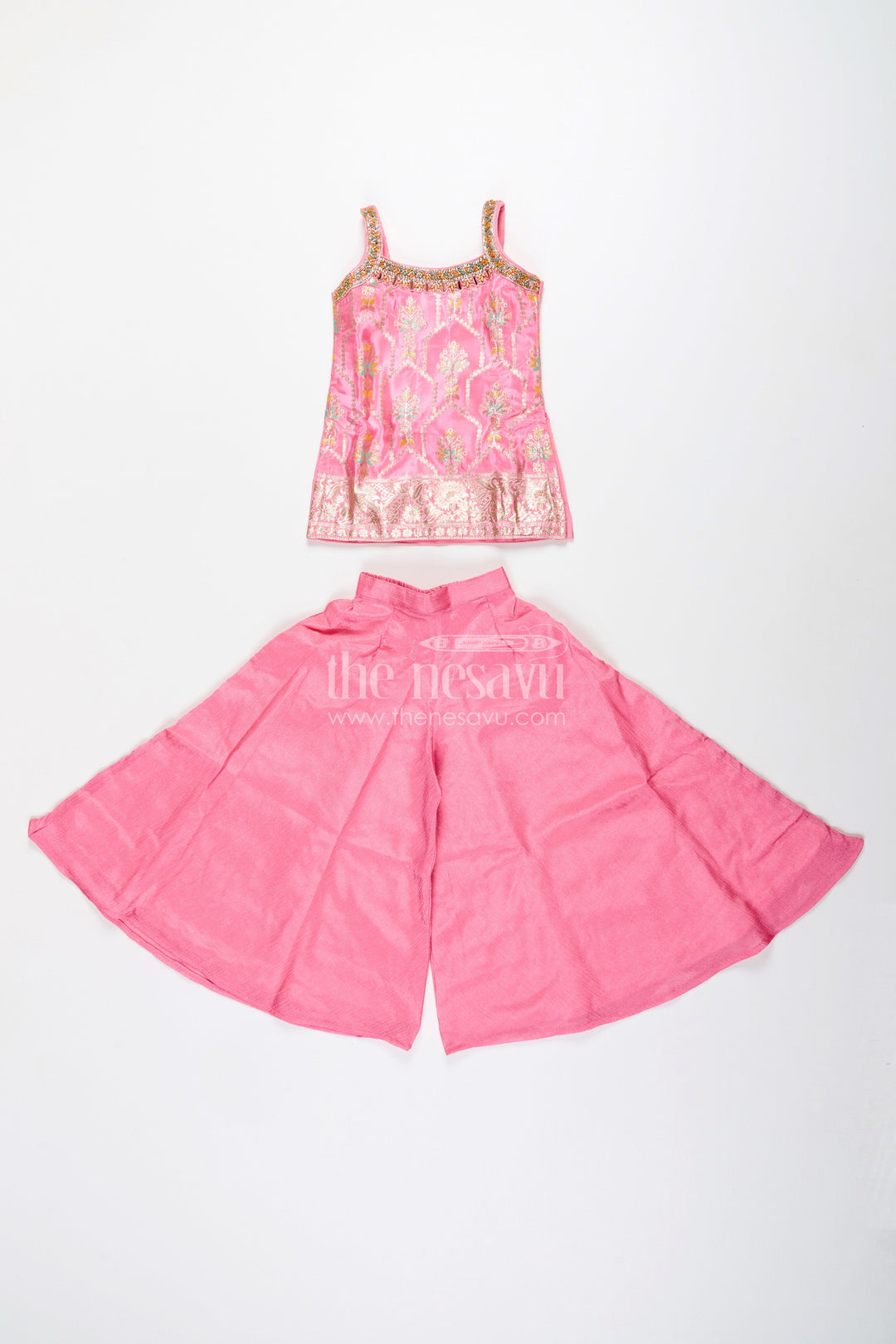 The Nesavu Girls Sharara / Plazo Set Girls plazo set with zari embroidered kurti – festive outfit for toddlers Nesavu 18 (2Y) / Pink GPS760A-18 Nesavu girls festive plazo set zari embroidered kurti  toddler ethnic outfit