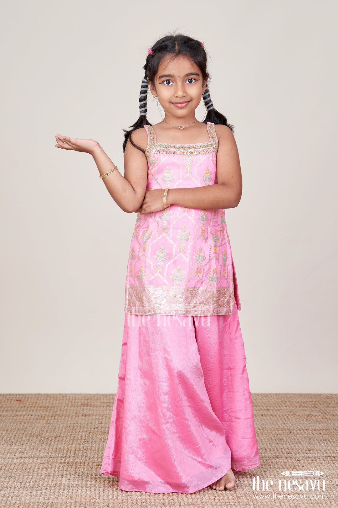 The Nesavu Girls Sharara / Plazo Set Girls Plazo Set with Zari Embroidered Kurti Festive Outfit for Toddlers Nesavu 18 (2Y) / Pink GPS760A-18 Nesavu girls festive plazo set zari embroidered kurti  toddler ethnic outfit