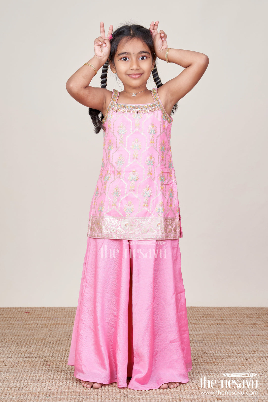 The Nesavu Girls Sharara / Plazo Set Girls Plazo Set with Zari Embroidered Kurti Festive Outfit for Toddlers Nesavu Nesavu girls festive plazo set zari embroidered kurti  toddler ethnic outfit