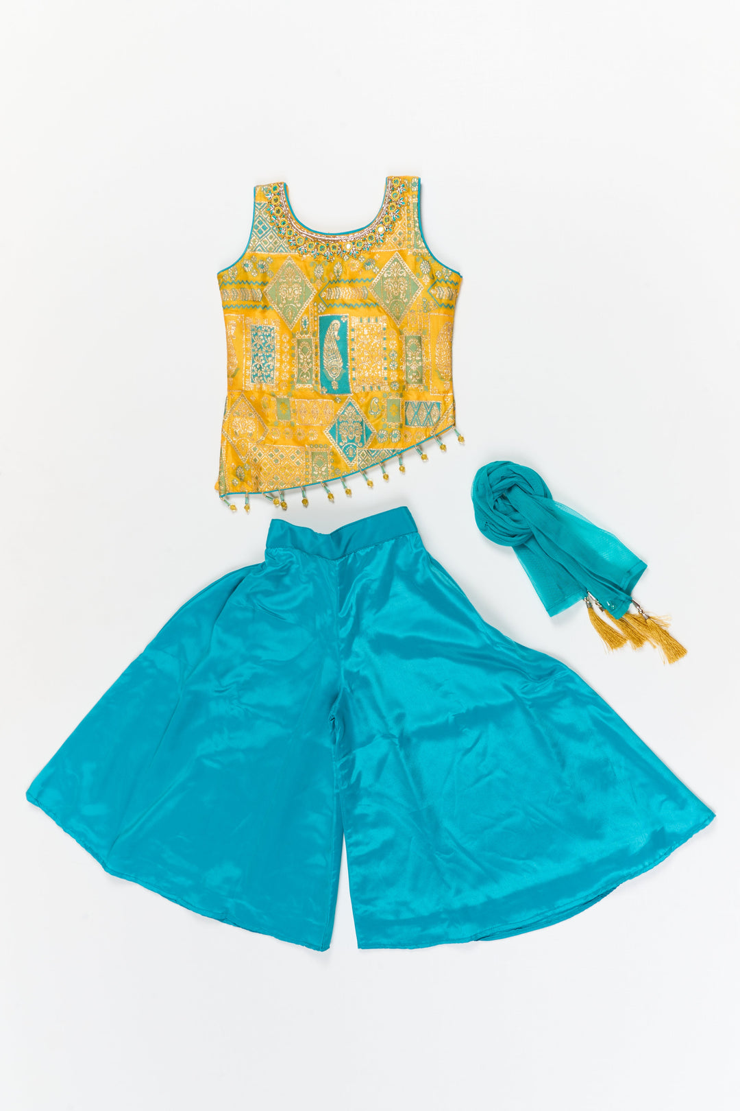 The Nesavu Girls Sharara / Plazo Set Girls Plazo Set with Zari Yoke for Festive and Ethnic School Days Nesavu Nesavu plazo set for girls with zari embroidered yoke and dupatta – ideal for festivals and ethnic school programs