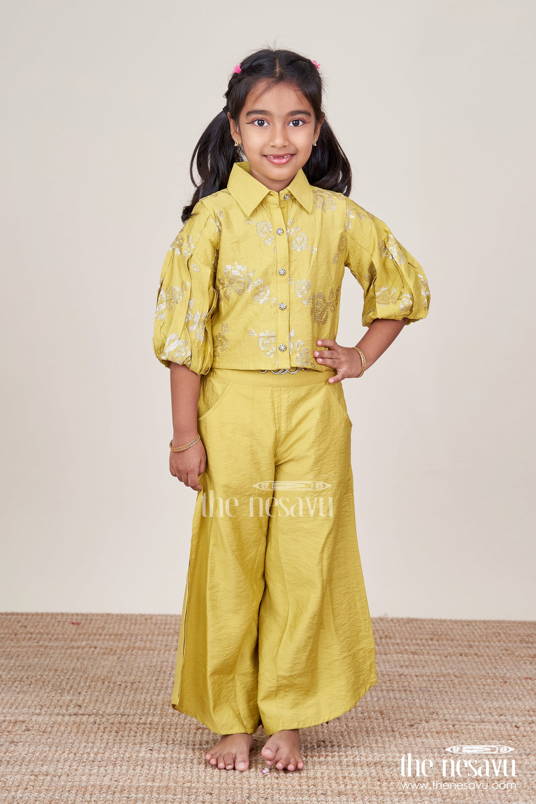 The Nesavu Girls Co-Ord Sets Girls Plazo Top Set In Georgette Modern Festive Wear with Ethnic Flair Nesavu 24 (5Y) / Green GPS736B-24 Nesavu georgette plazo crop top set girls modern ethnic outfit casual festive use