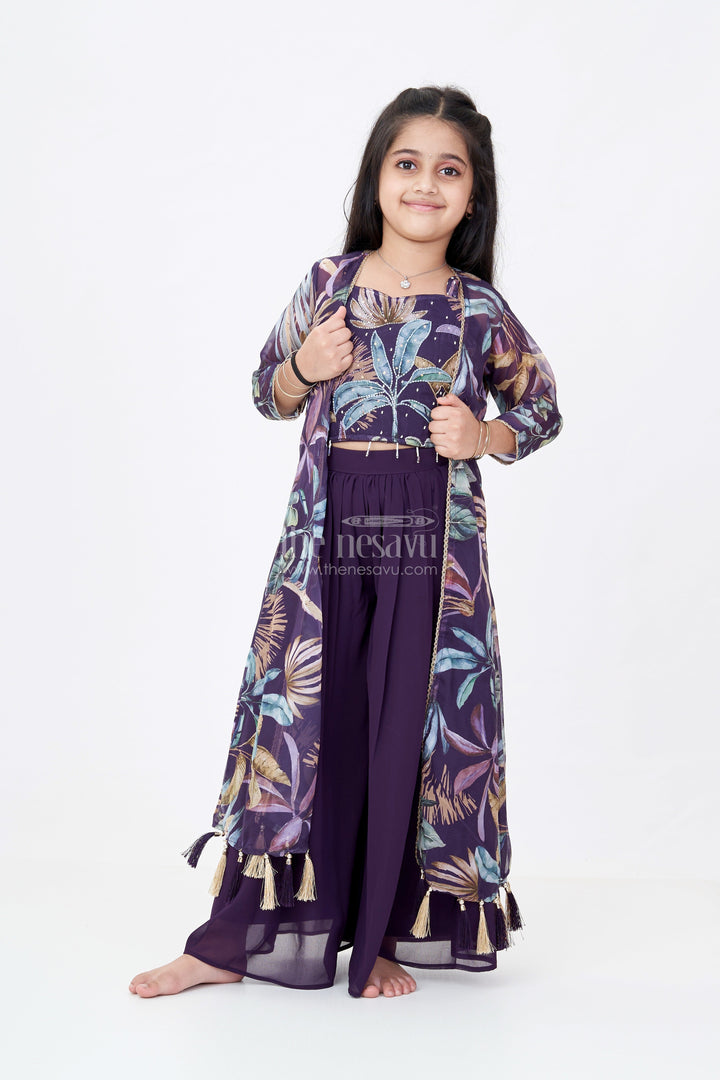 The Nesavu Girls Sharara / Plazo Set Girls Plazo with Top Dress in Floral Digital Print with Stylish Embroidered Jacket Nesavu 24 (5Y) / Purple GPS525A-24 Girls Plazo Top Dress Digital Print Embroidered Jacket Festive Wear | The Nesavu
