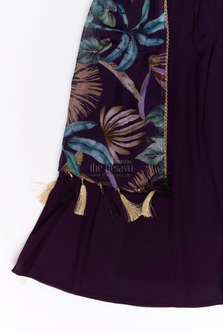 The Nesavu Girls Sharara / Plazo Set Girls Plazo with Top Dress in Floral Digital Print with Stylish Embroidered Jacket Nesavu Girls Plazo Top Dress Digital Print Embroidered Jacket Festive Wear | The Nesavu