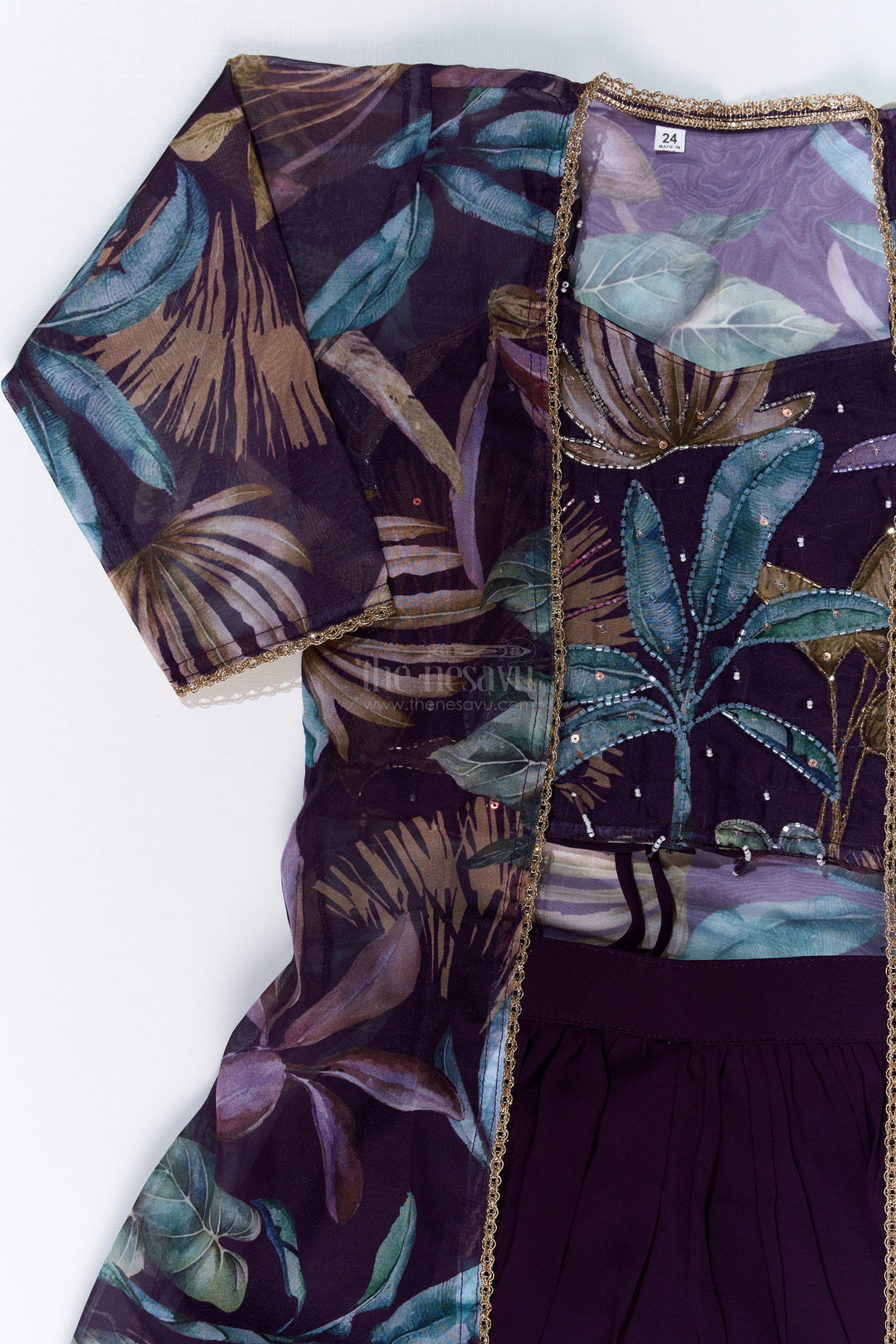 The Nesavu Girls Sharara / Plazo Set Girls Plazo with Top Dress in Floral Digital Print with Stylish Embroidered Jacket Nesavu Girls Plazo Top Dress Digital Print Embroidered Jacket Festive Wear | The Nesavu