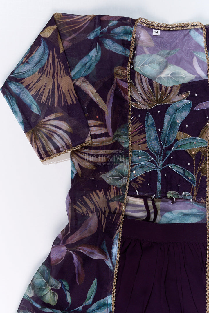 The Nesavu Girls Sharara / Plazo Set Girls Plazo with Top Dress in Floral Digital Print with Stylish Embroidered Jacket Nesavu Girls Plazo Top Dress Digital Print Embroidered Jacket Festive Wear | The Nesavu