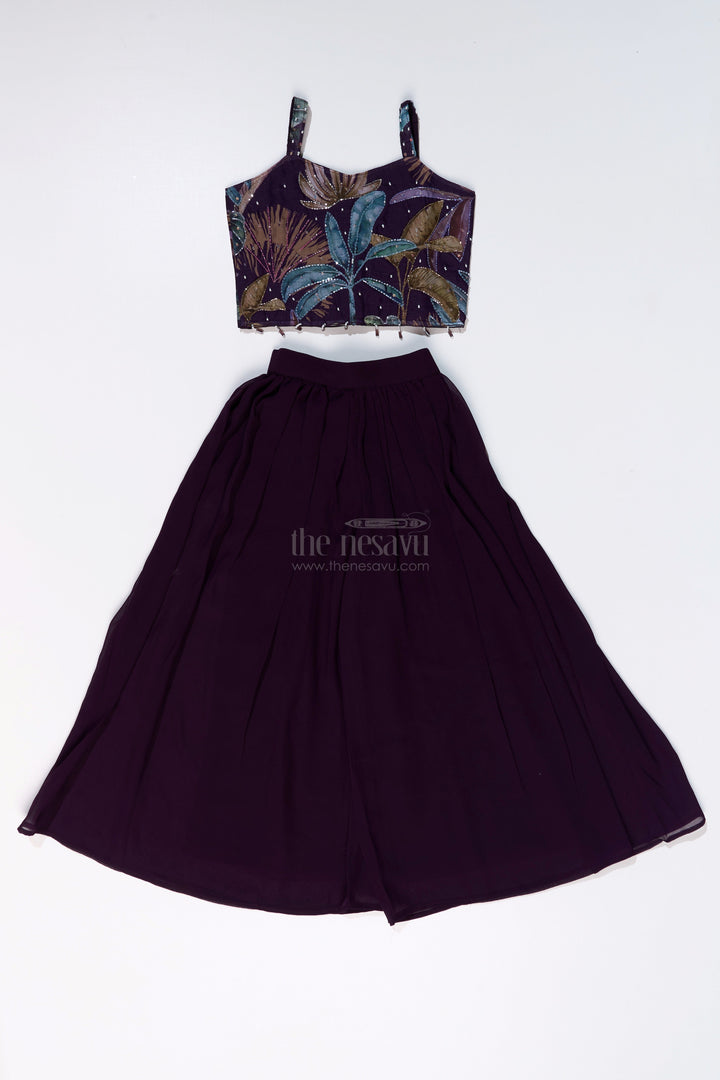 The Nesavu Girls Sharara / Plazo Set Girls Plazo with Top Dress in Floral Digital Print with Stylish Embroidered Jacket Nesavu Girls Plazo Top Dress Digital Print Embroidered Jacket Festive Wear | The Nesavu