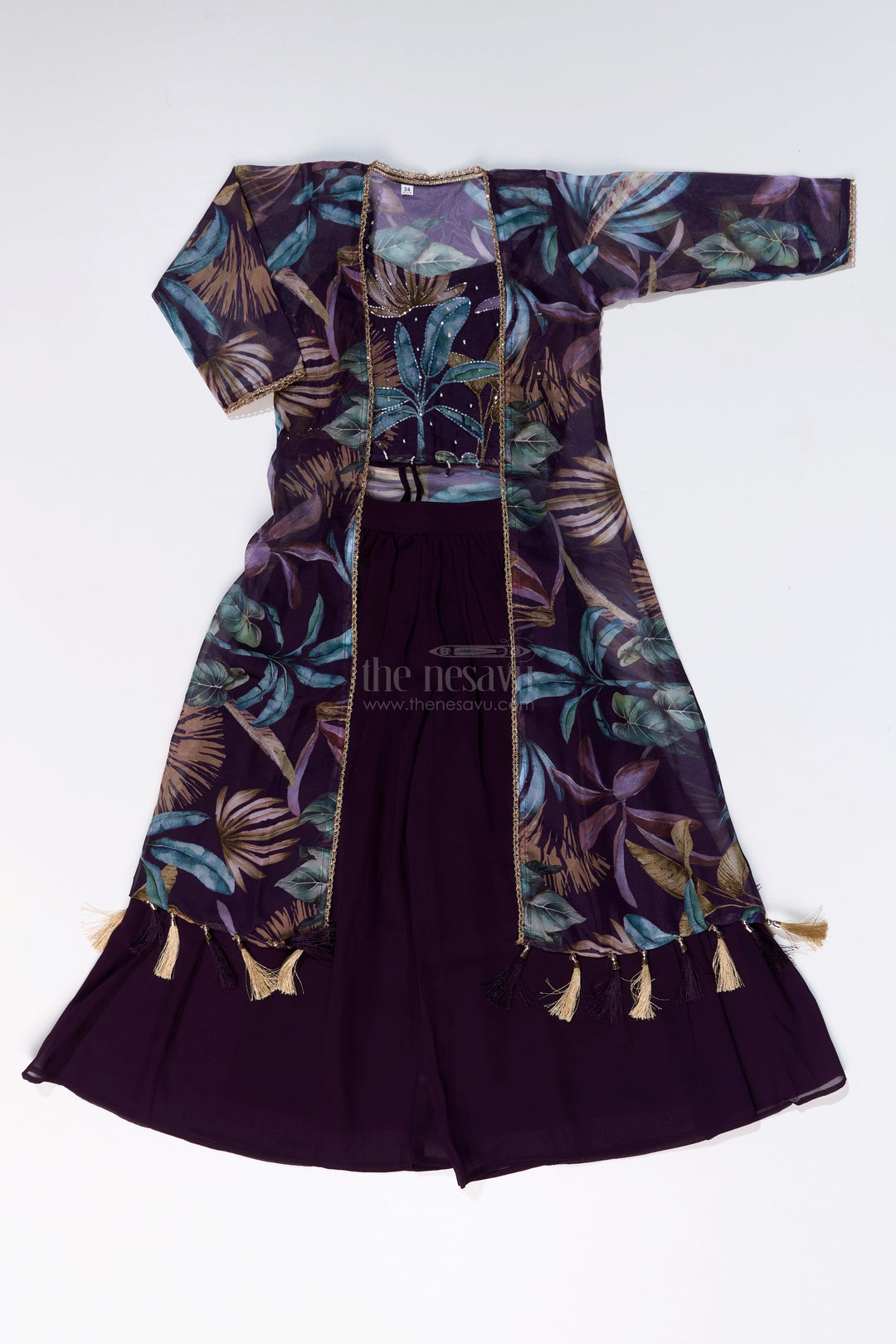 The Nesavu Girls Sharara / Plazo Set Girls Plazo with Top Dress in Floral Digital Print with Stylish Embroidered Jacket Nesavu Girls Plazo Top Dress Digital Print Embroidered Jacket Festive Wear | The Nesavu