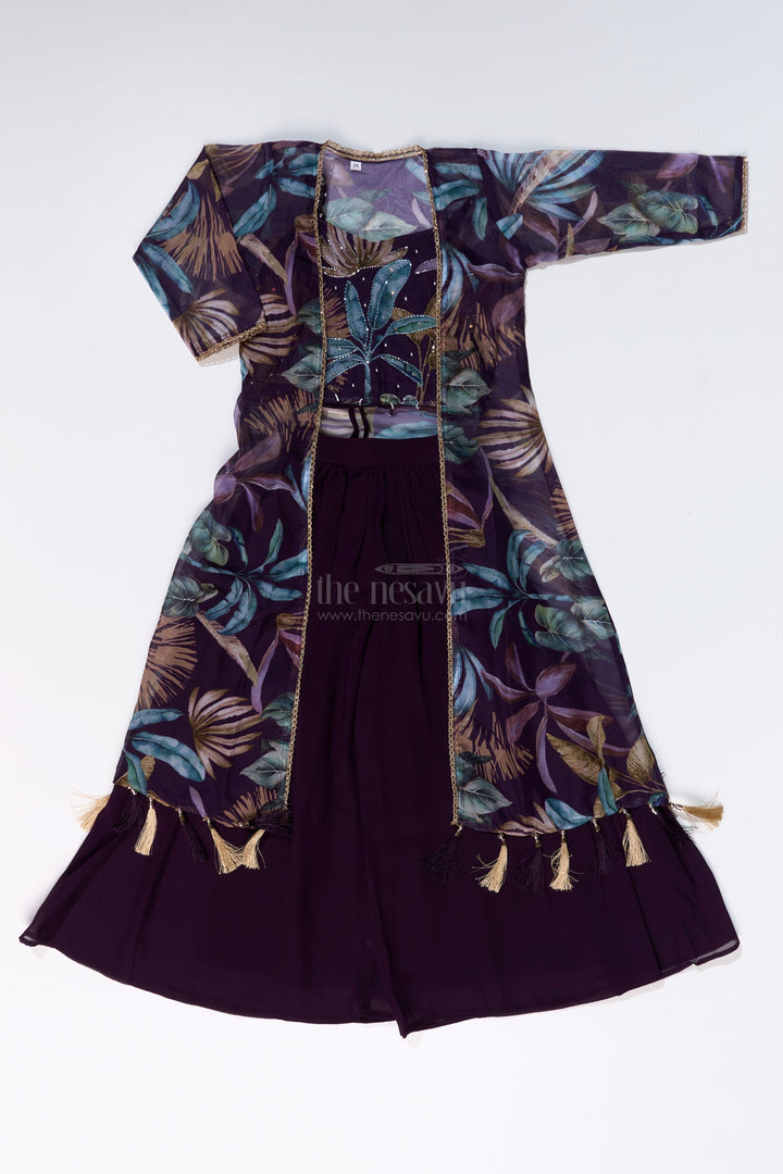The Nesavu Girls Sharara / Plazo Set Girls Plazo with Top Dress in Floral Digital Print with Stylish Embroidered Jacket Nesavu Girls Plazo Top Dress Digital Print Embroidered Jacket Festive Wear | The Nesavu