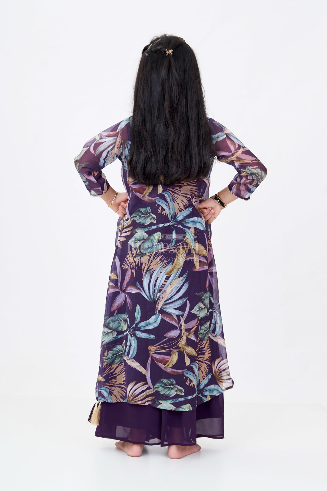 The Nesavu Girls Sharara / Plazo Set Girls Plazo with Top Dress in Floral Digital Print with Stylish Embroidered Jacket Nesavu Girls Plazo Top Dress Digital Print Embroidered Jacket Festive Wear | The Nesavu