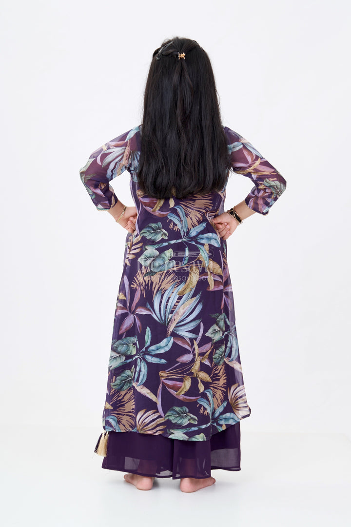 The Nesavu Girls Sharara / Plazo Set Girls Plazo with Top Dress in Floral Digital Print with Stylish Embroidered Jacket Nesavu Girls Plazo Top Dress Digital Print Embroidered Jacket Festive Wear | The Nesavu