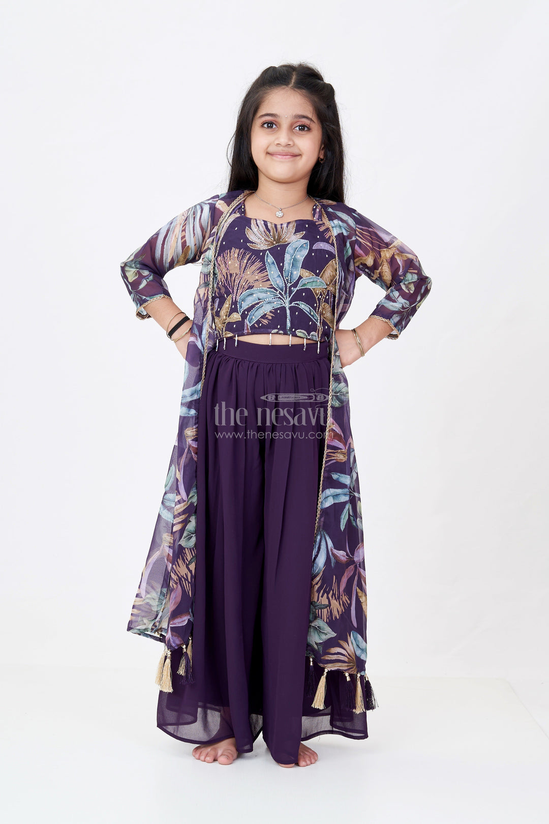 The Nesavu Girls Sharara / Plazo Set Girls Plazo with Top Dress in Floral Digital Print with Stylish Embroidered Jacket Nesavu Girls Plazo Top Dress Digital Print Embroidered Jacket Festive Wear | The Nesavu