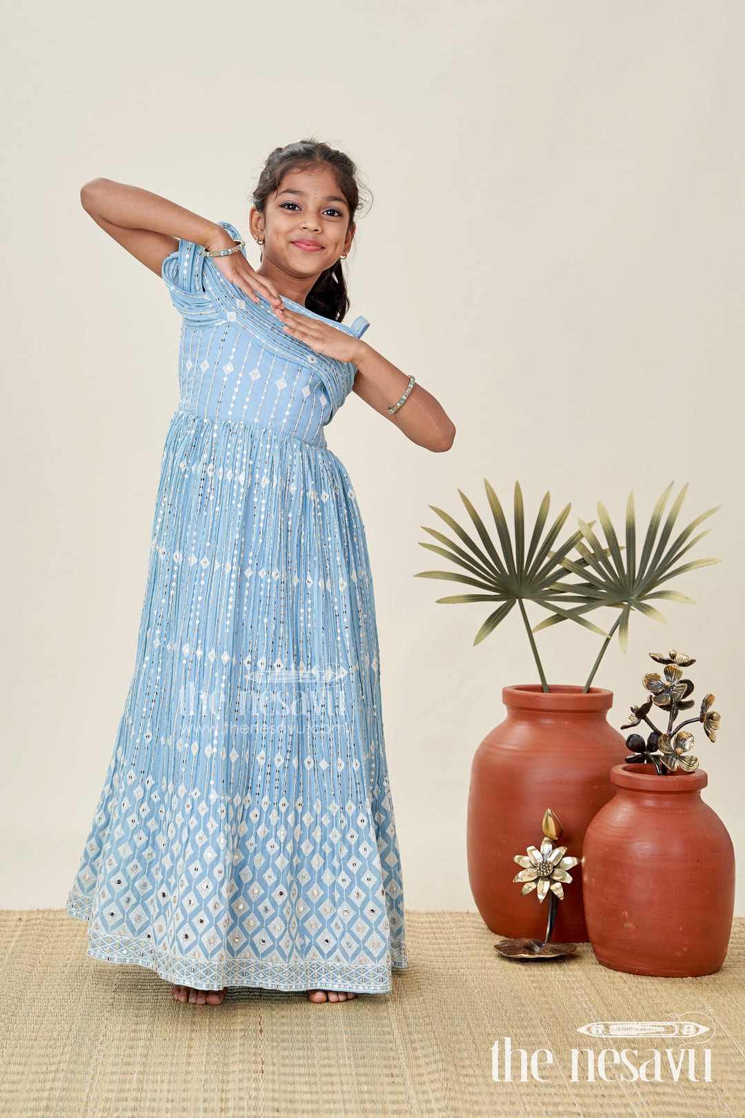 The Nesavu Girls Silk Gown Girls Pleated Anarkali Gown Festive Embroidered Outfit Nesavu 24 (5Y) / Blue GA339A-24 Nesavu Sky Blue Pleated Kids Anarkali Gown Golden Embroidery Festive Occasions Parties