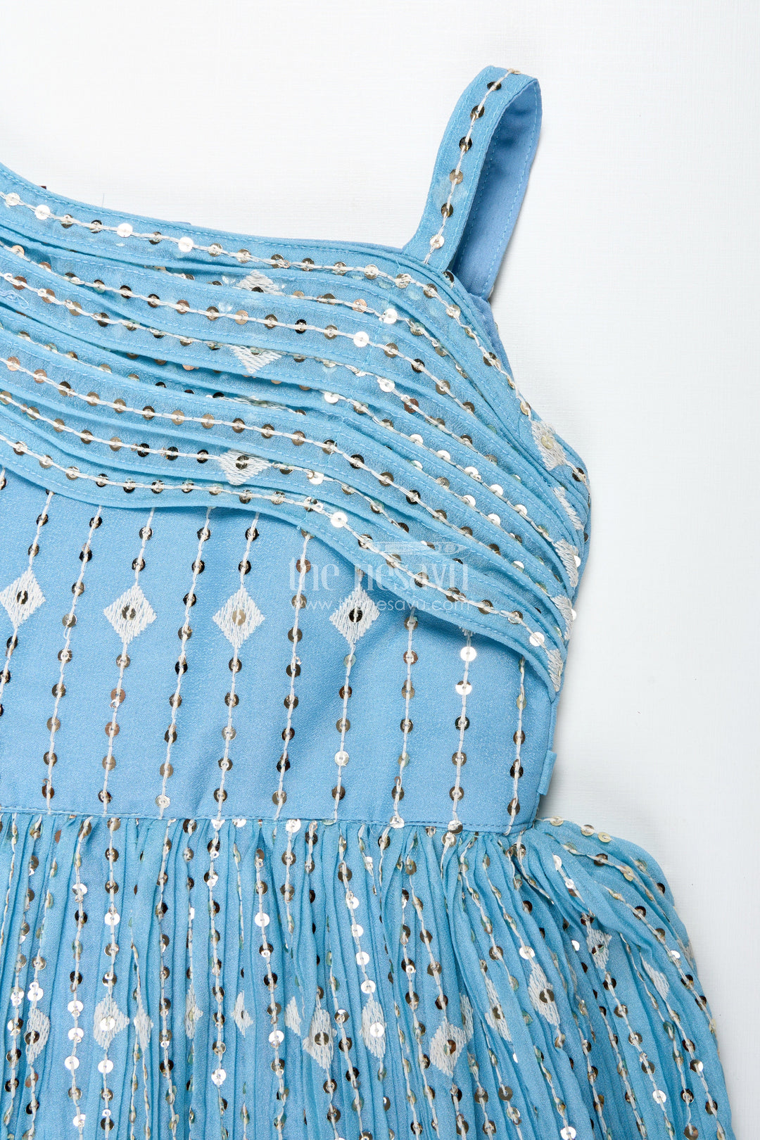 The Nesavu Girls Silk Gown Girls Pleated Anarkali Gown Festive Embroidered Outfit Nesavu Nesavu Sky Blue Pleated Kids Anarkali Gown Golden Embroidery Festive Occasions Parties