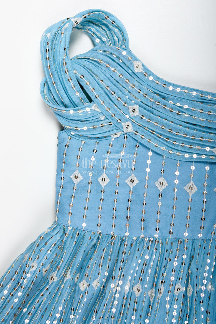 The Nesavu Girls Silk Gown Girls Pleated Anarkali Gown Festive Embroidered Outfit Nesavu Nesavu Sky Blue Pleated Kids Anarkali Gown Golden Embroidery Festive Occasions Parties
