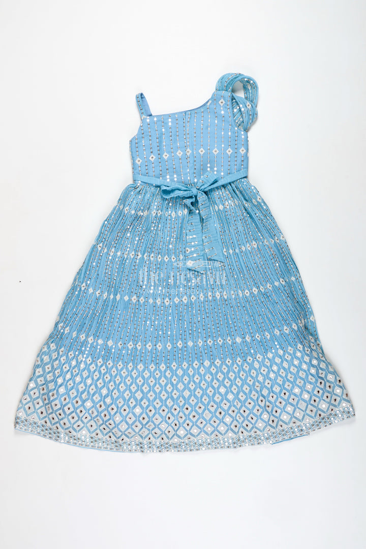 The Nesavu Girls Silk Gown Girls Pleated Anarkali Gown Festive Embroidered Outfit Nesavu Nesavu Sky Blue Pleated Kids Anarkali Gown Golden Embroidery Festive Occasions Parties