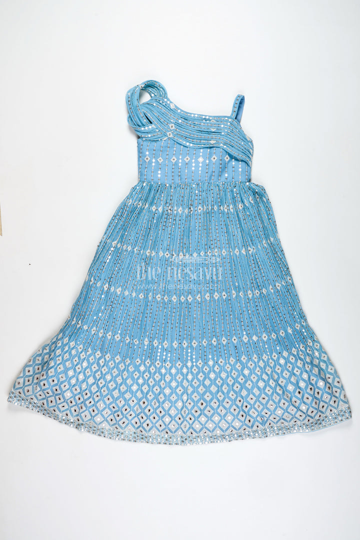 The Nesavu Girls Silk Gown Girls Pleated Anarkali Gown Festive Embroidered Outfit Nesavu Nesavu Sky Blue Pleated Kids Anarkali Gown Golden Embroidery Festive Occasions Parties