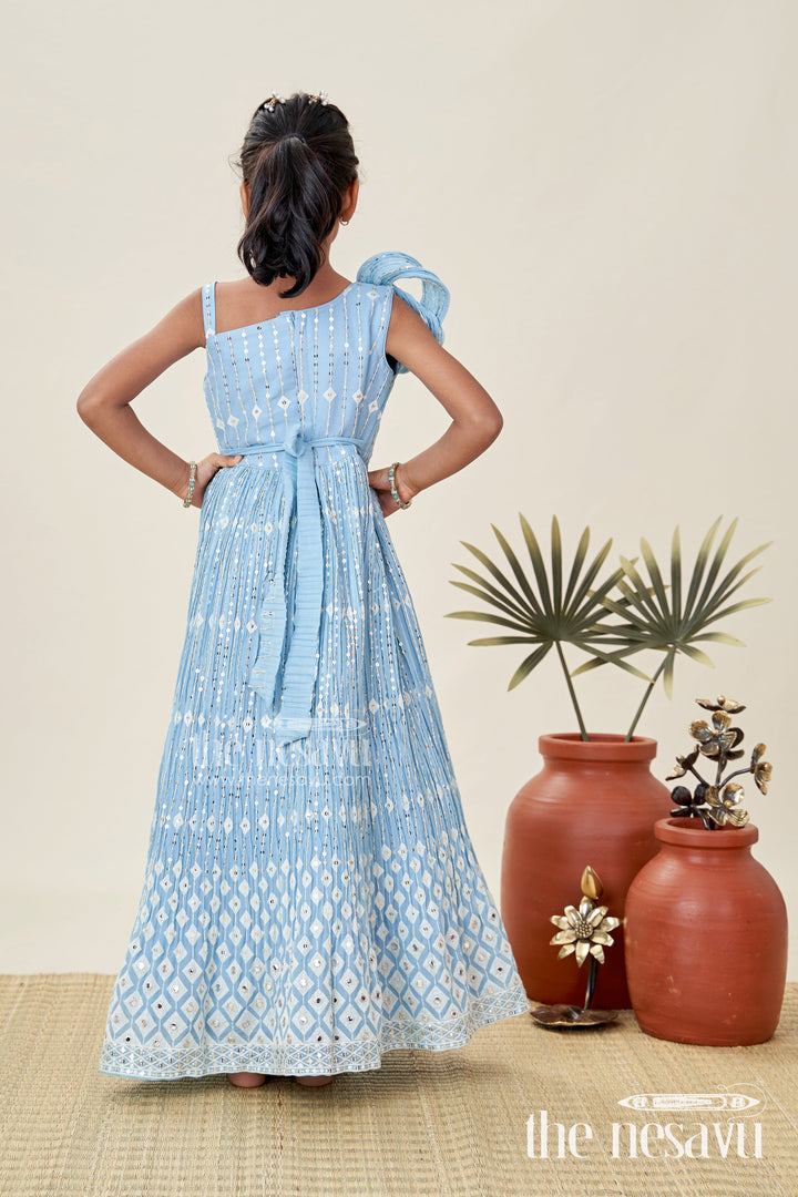 The Nesavu Girls Silk Gown Girls Pleated Anarkali Gown Festive Embroidered Outfit Nesavu Nesavu Sky Blue Pleated Kids Anarkali Gown Golden Embroidery Festive Occasions Parties