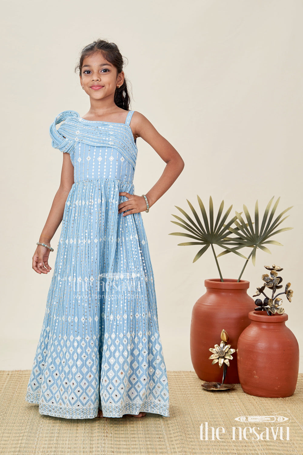 The Nesavu Girls Silk Gown Girls Pleated Anarkali Gown Festive Embroidered Outfit Nesavu Nesavu Sky Blue Pleated Kids Anarkali Gown Golden Embroidery Festive Occasions Parties