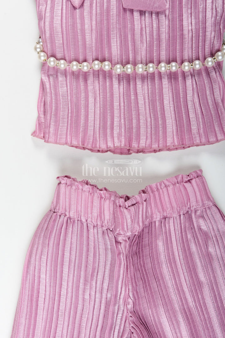 The Nesavu Girls Casual Set Girls pleated georgette co-ord set with puff sleeve top and pants festive-ready casual wear Nesavu Girls purple pleated georgette top pant set  Nesavu festive casual outfit