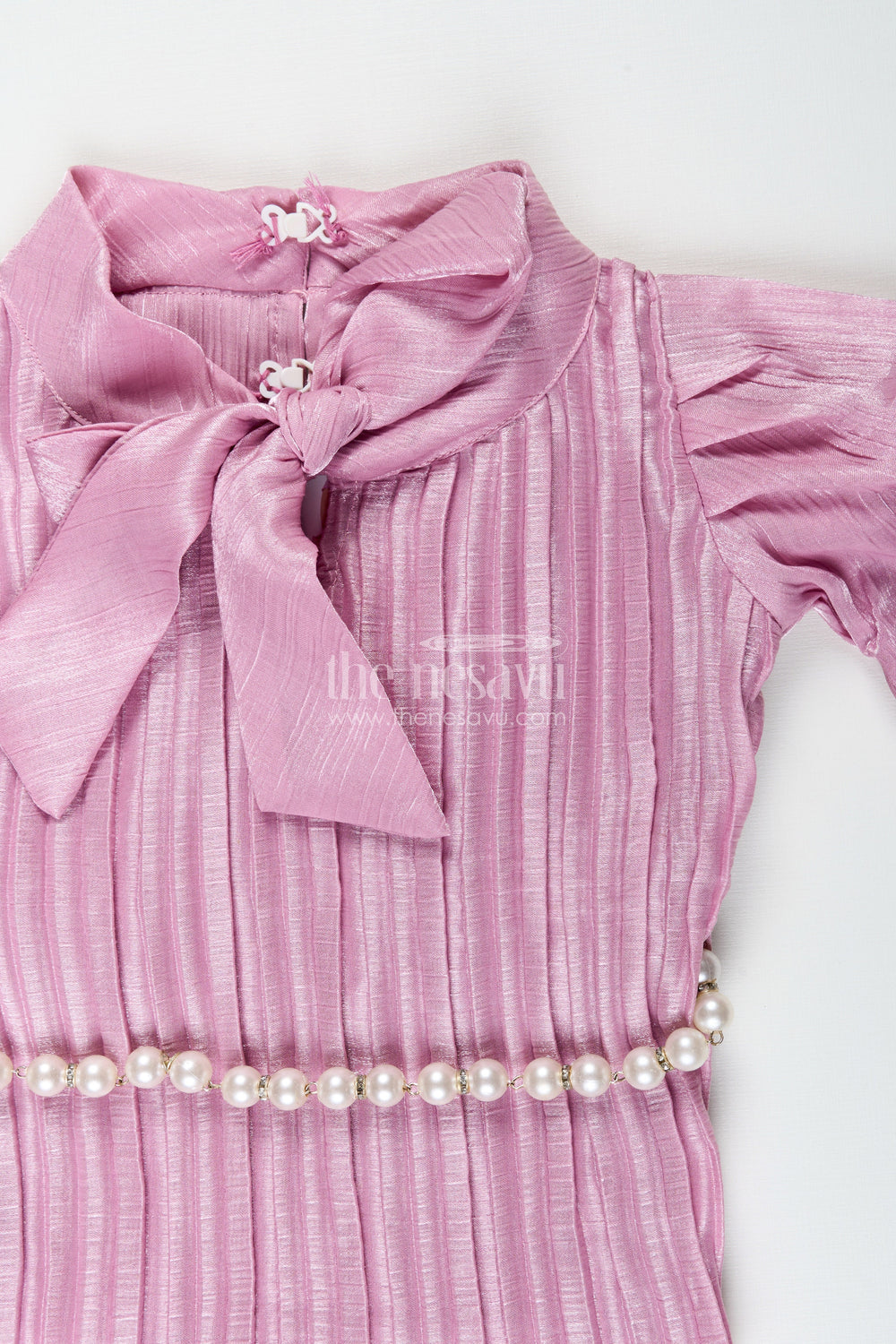 The Nesavu Girls Casual Set Girls pleated georgette co-ord set with puff sleeve top and pants festive-ready casual wear Nesavu Girls purple pleated georgette top pant set  Nesavu festive casual outfit
