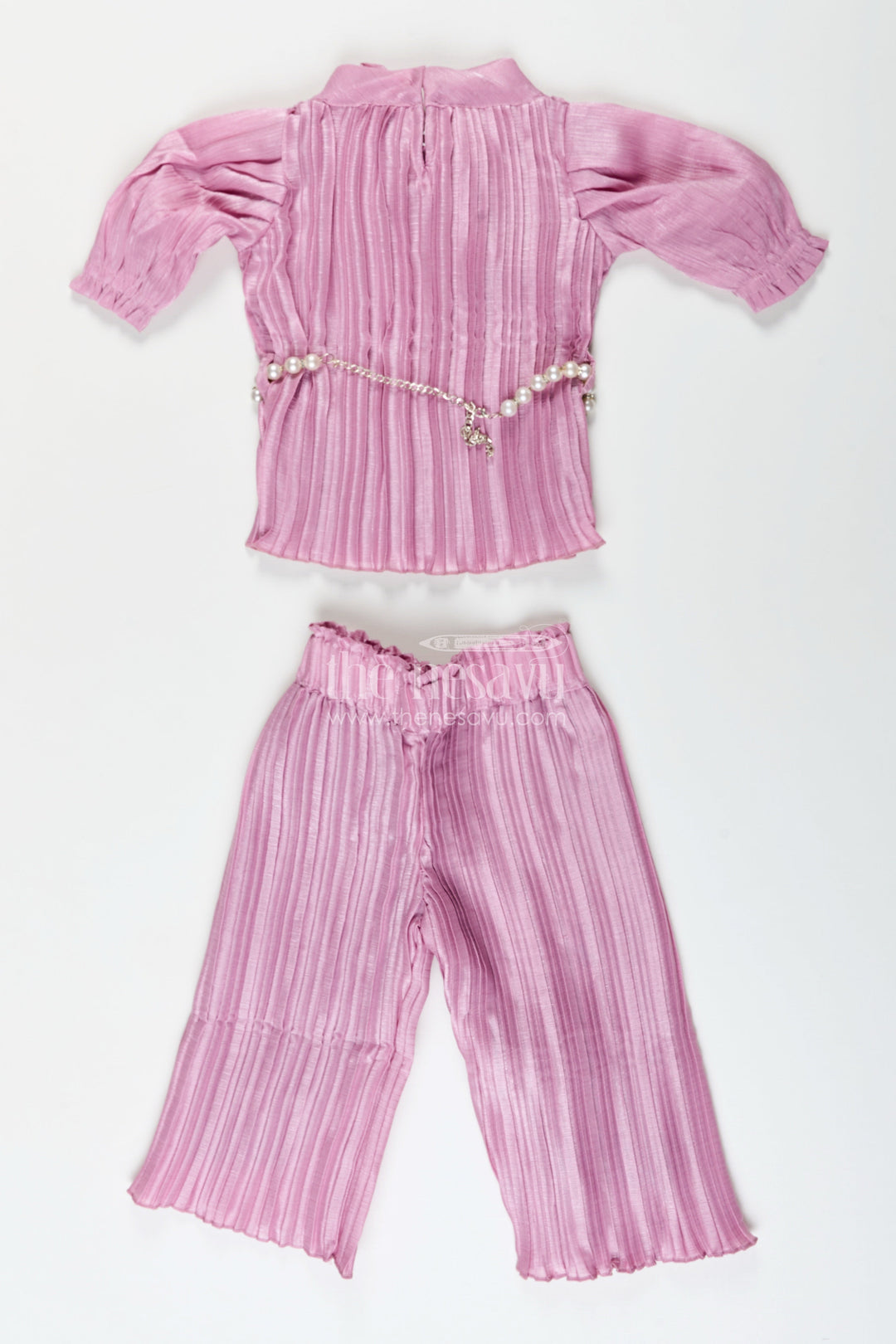 The Nesavu Girls Casual Set Girls pleated georgette co-ord set with puff sleeve top and pants festive-ready casual wear Nesavu Girls purple pleated georgette top pant set  Nesavu festive casual outfit