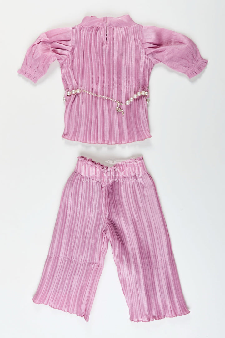 The Nesavu Girls Casual Set Girls pleated georgette co-ord set with puff sleeve top and pants festive-ready casual wear Nesavu Girls purple pleated georgette top pant set  Nesavu festive casual outfit