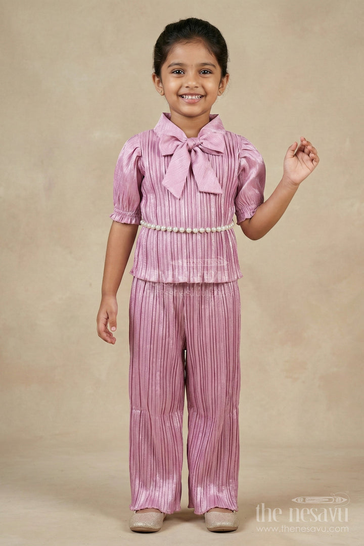 The Nesavu Girls Casual Set Girls Pleated Georgette Co-Ord Set with Puff Sleeve Top and Pants Festive-Ready Casual Wear Nesavu Girls purple pleated georgette top pant set  Nesavu festive casual outfit