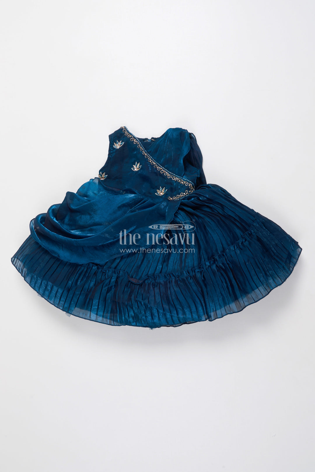 The Nesavu Girls Fancy Party Frock Girls Pleated Glaze Organza Party Frock with Floral Shoulder Bow Premium Festive Wear Nesavu 16 (1Y) / Blue SF1081A-16 Nesavu pleated glaze organza party frock shoulder bow girls occasion wear